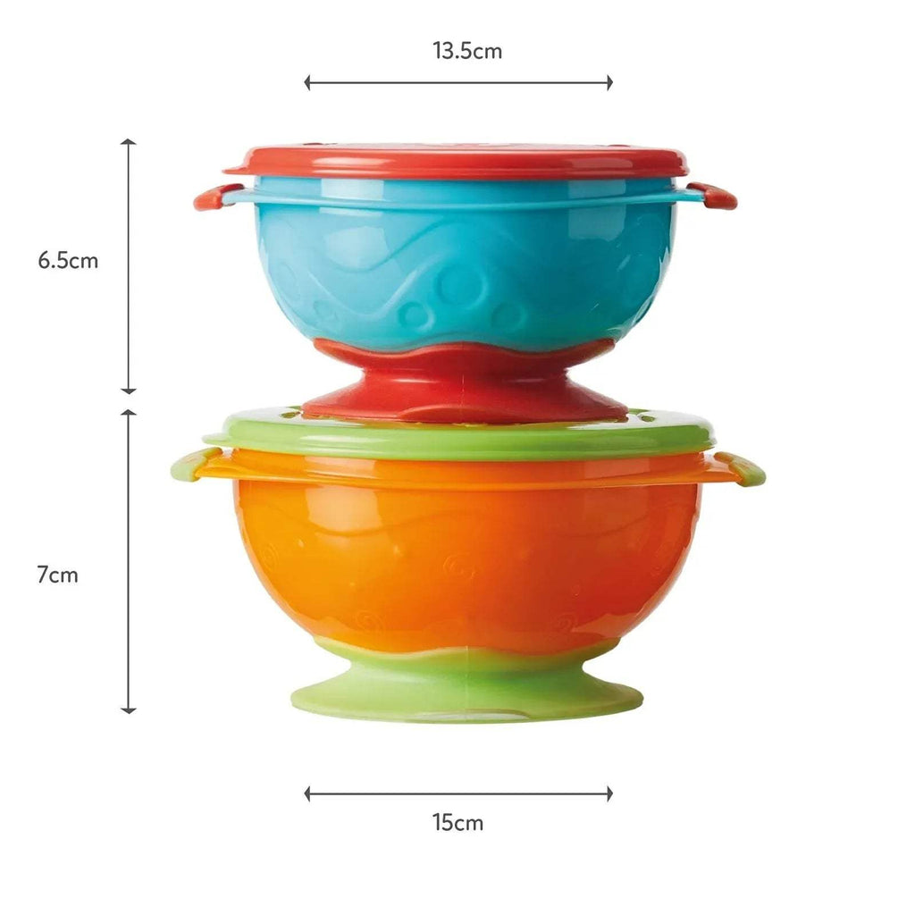 Stackable suction bowls with size measurements, turquoise and blue bowls stacked