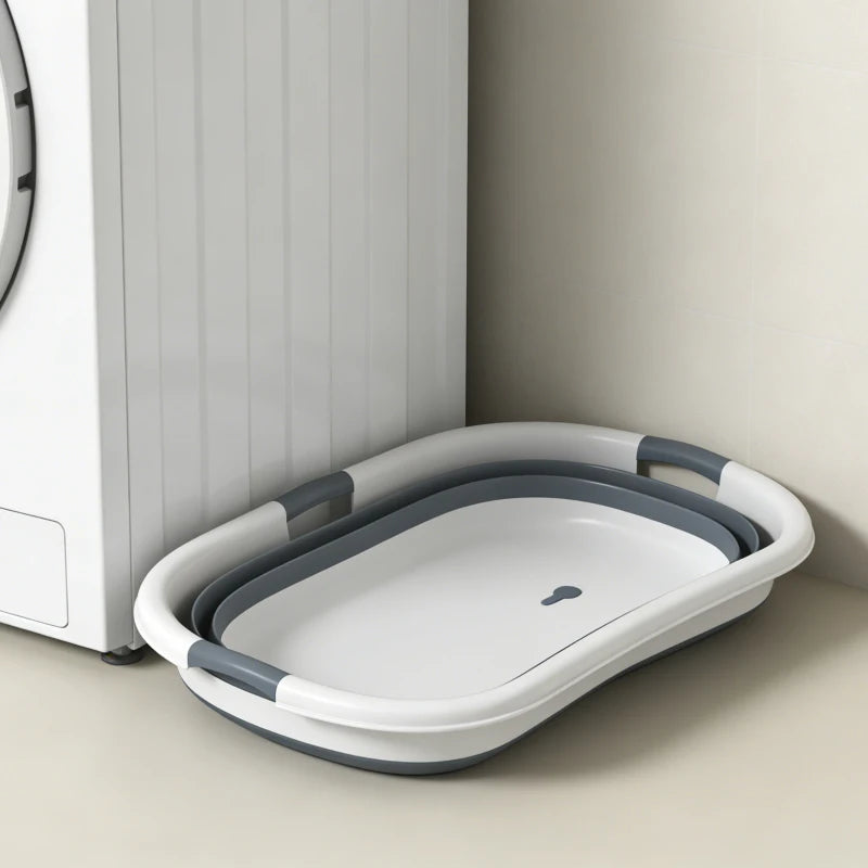 Grey-and-white foldable dog bath tub with drain area and low, stable base