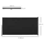 Black retractable privacy screen panel with gray metal frame, shown with size lines