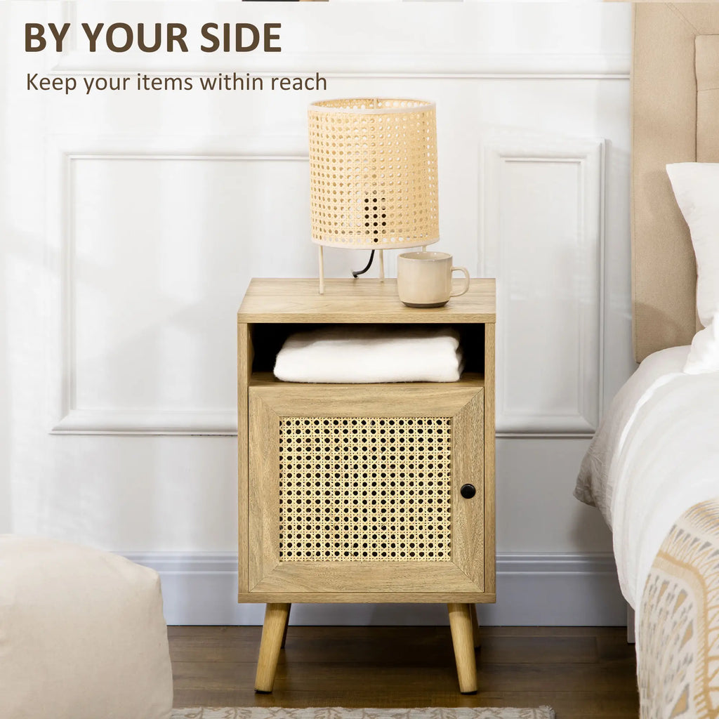Homcom Bedside Table with Rattan Element, Side End Table with Shelf and Cupboard, 39cmx35cmx60cm, Set of 2, Natural