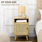 Homcom Bedside Table with Rattan Element, Side End Table with Shelf and Cupboard, 39cmx35cmx60cm, Set of 2, Natural