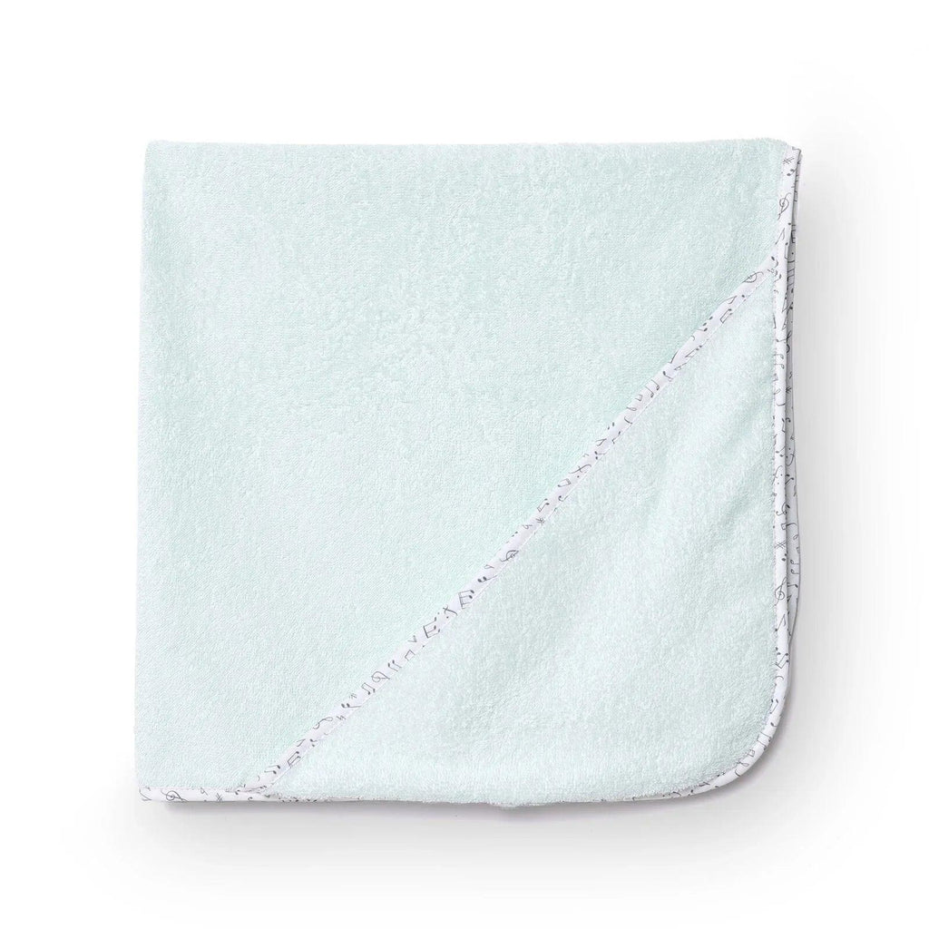 Baby bath towel, 75x75 cm, light blue with purple stitched edge