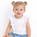 Off-white short-sleeve baby blouse with ruffled sleeves and eyelet embroidery.