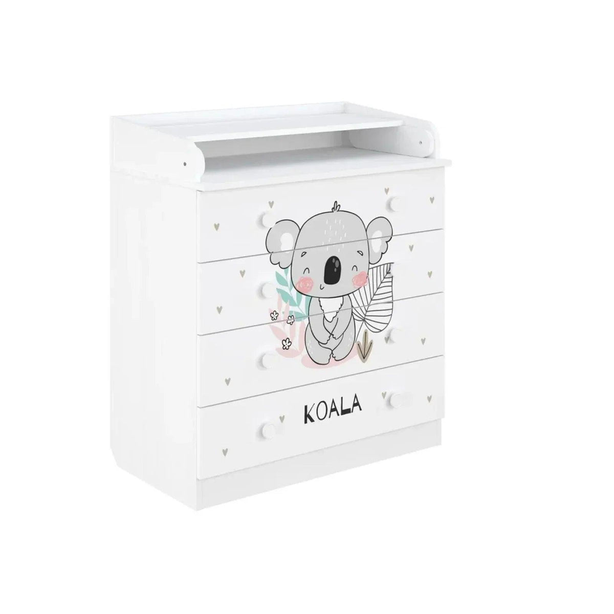 White kids changing dresser with koala print, raised changing surface, and three drawer knobs