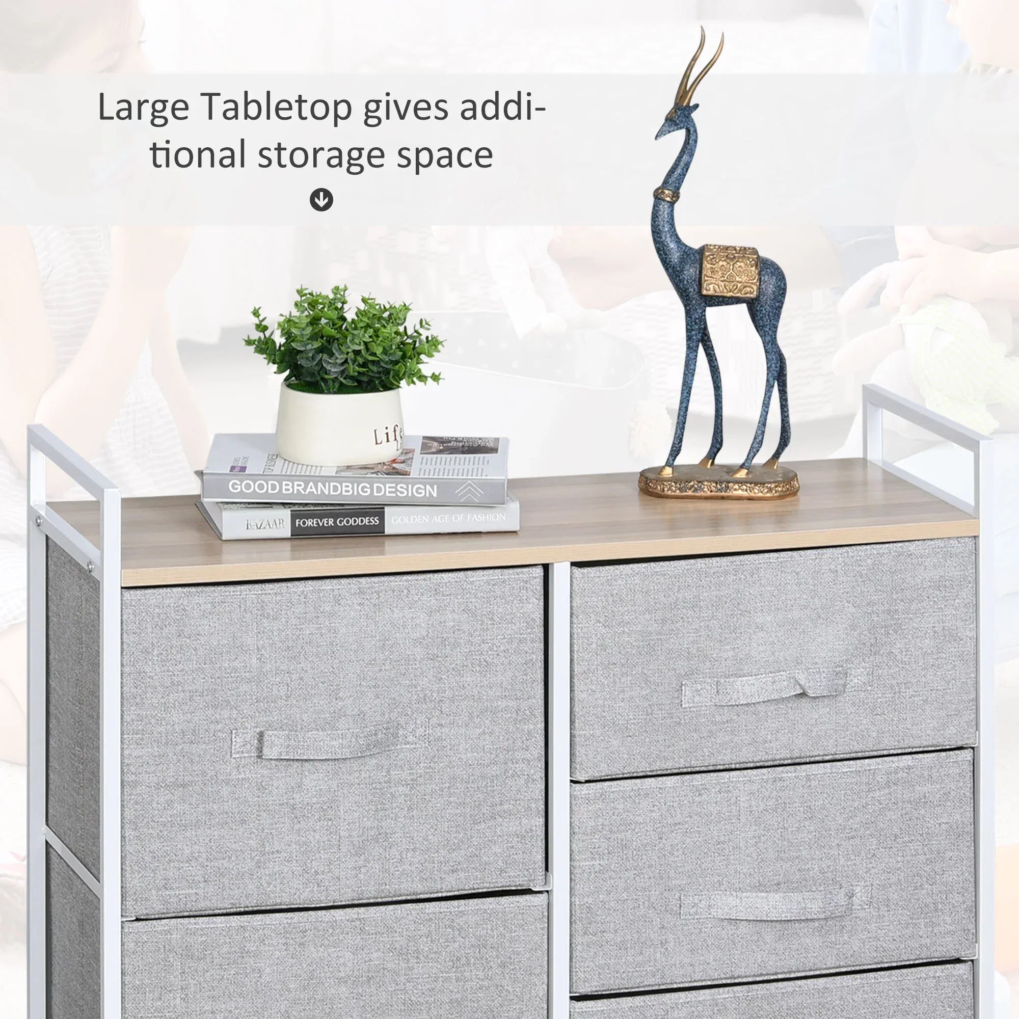 5 Drawer Linen Basket Storage Unit Home Organisation w/ Shelf Handles Metal Frame Adjustable Feet Hallway Home Dresser Grey - Bobobiy