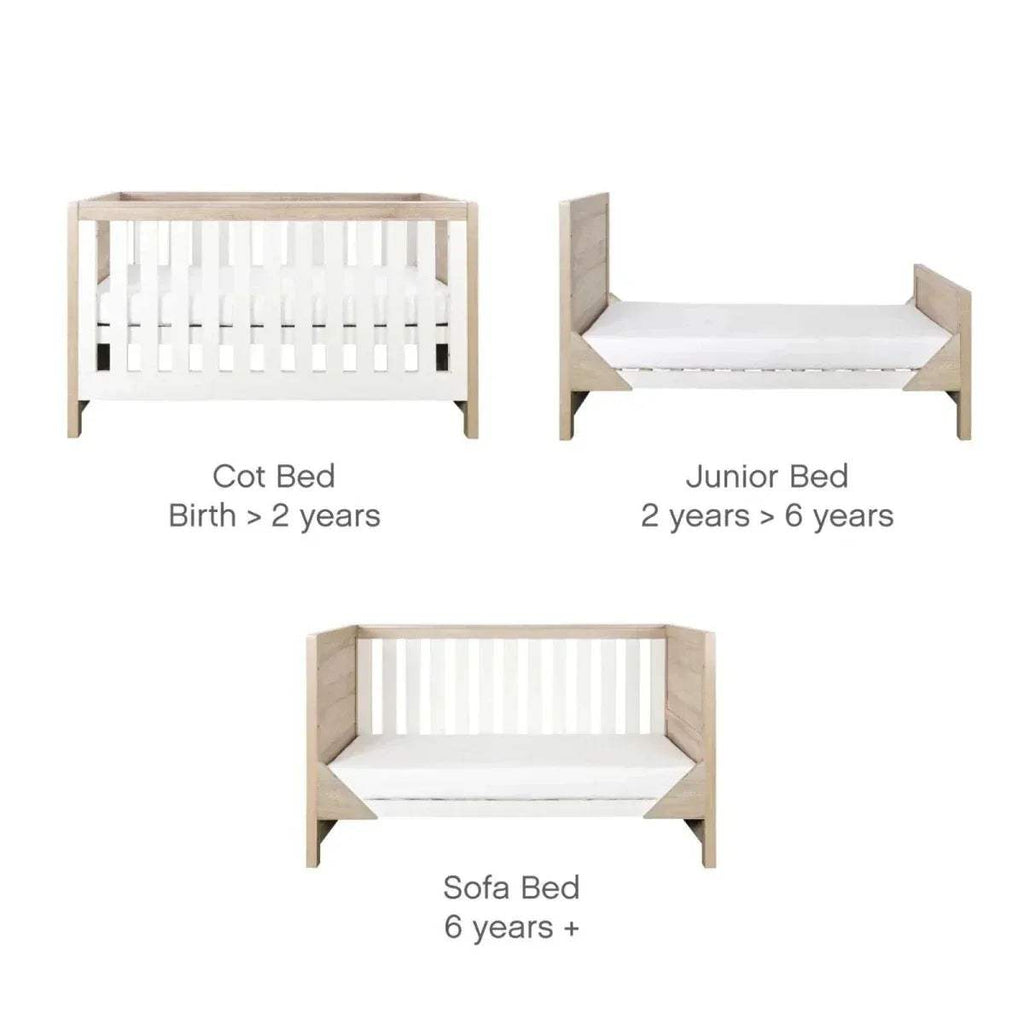 Convertible kids bed shown as cot bed, junior bed, and sofa bed with white base.