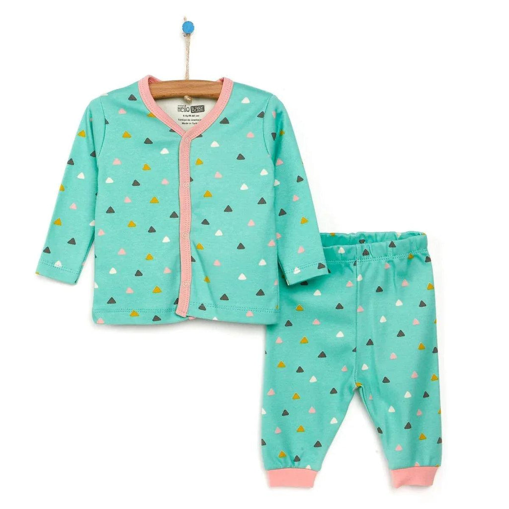Mint baby girl pajama set with long sleeves and matching pants, triangle print.