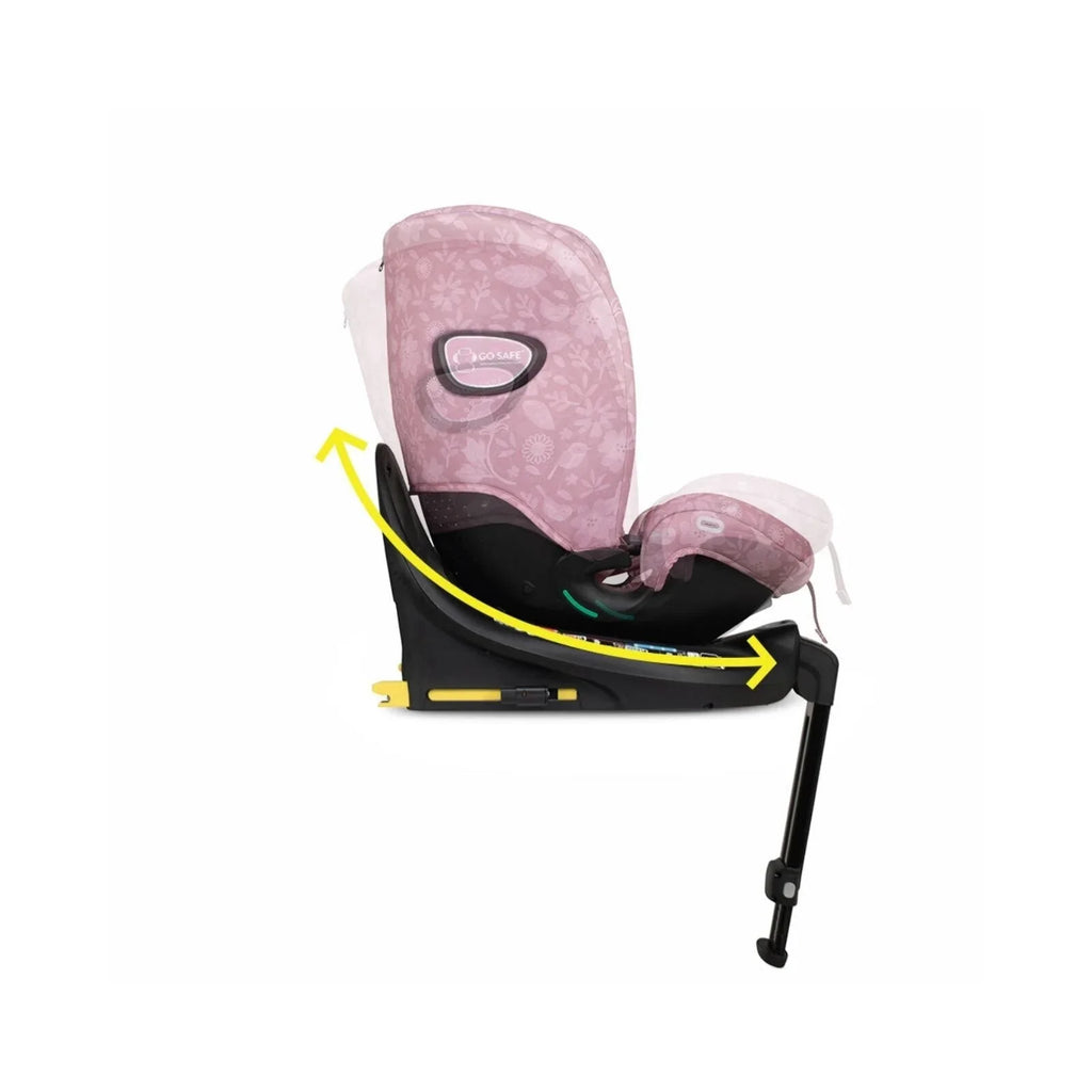 Pink patterned car seat with yellow rotation arrows and padded insert, angled side view