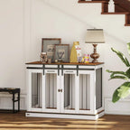 White dog crate furniture with light wood tabletop, two-door front, and black bar panels