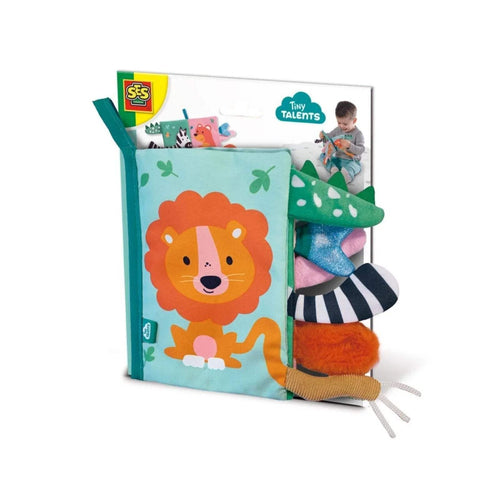 Sensory animal tails cloth book with lion face print, teal cover, and dangling tails