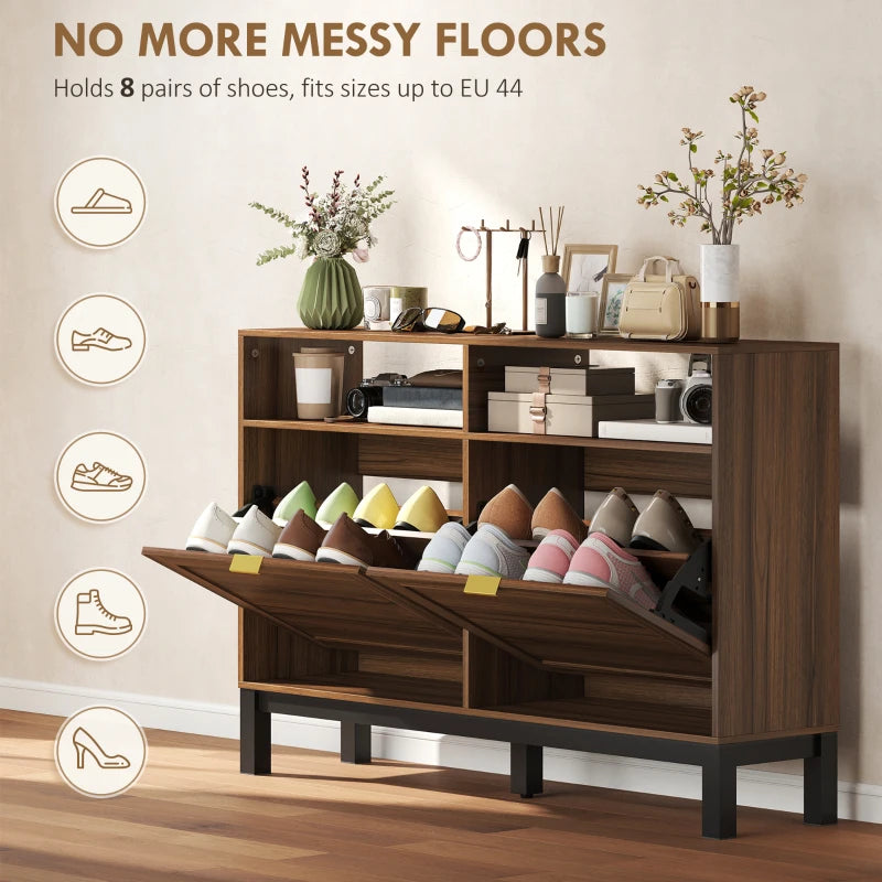 Rustic brown shoe storage cabinet with open flip drawer and rows of shoes inside