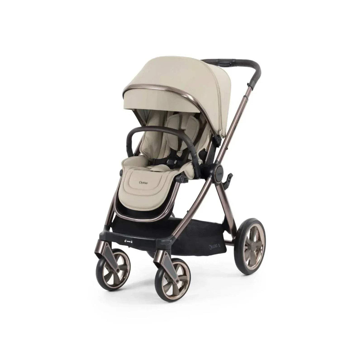 Buttermilk stroller with beige canopy and seat, black frame, front three-quarter view