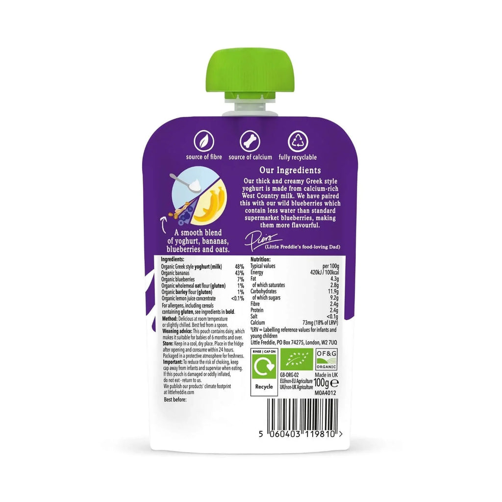 Little Freddie Greek style yoghurt pouch back with nutrition and ingredients panel