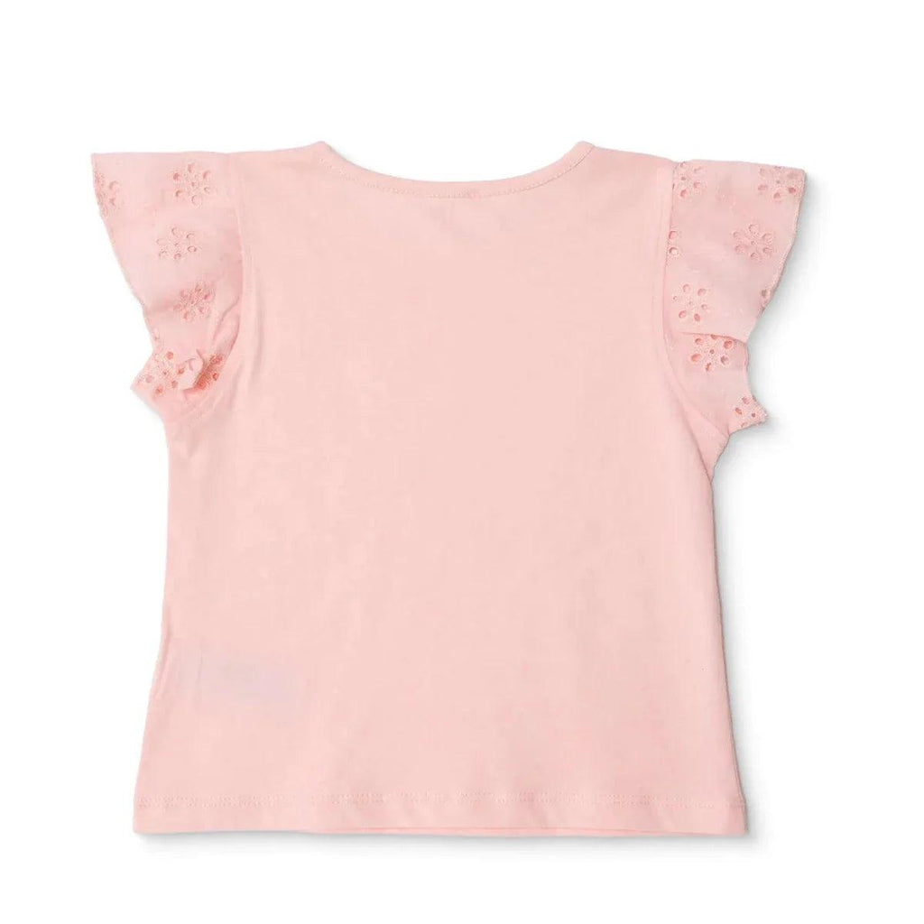 Powder pink short-sleeve jersey baby top with eyelet ruffle sleeves, back view