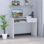 White writing desk with drawer and open shelf, ready for a workstation setup.
