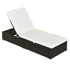Brown rattan sun lounger with white padded cushion, flat recline chaise