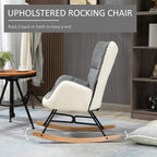 Grey upholstered rocking chair with cream backrest and wooden rocking runners