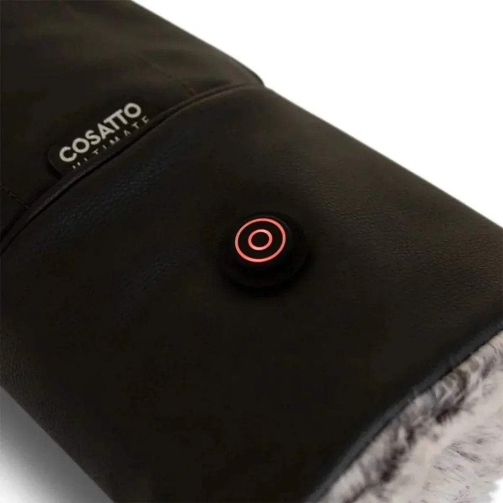 Black snuggle mitt with COSATTO label and red-lit round control button