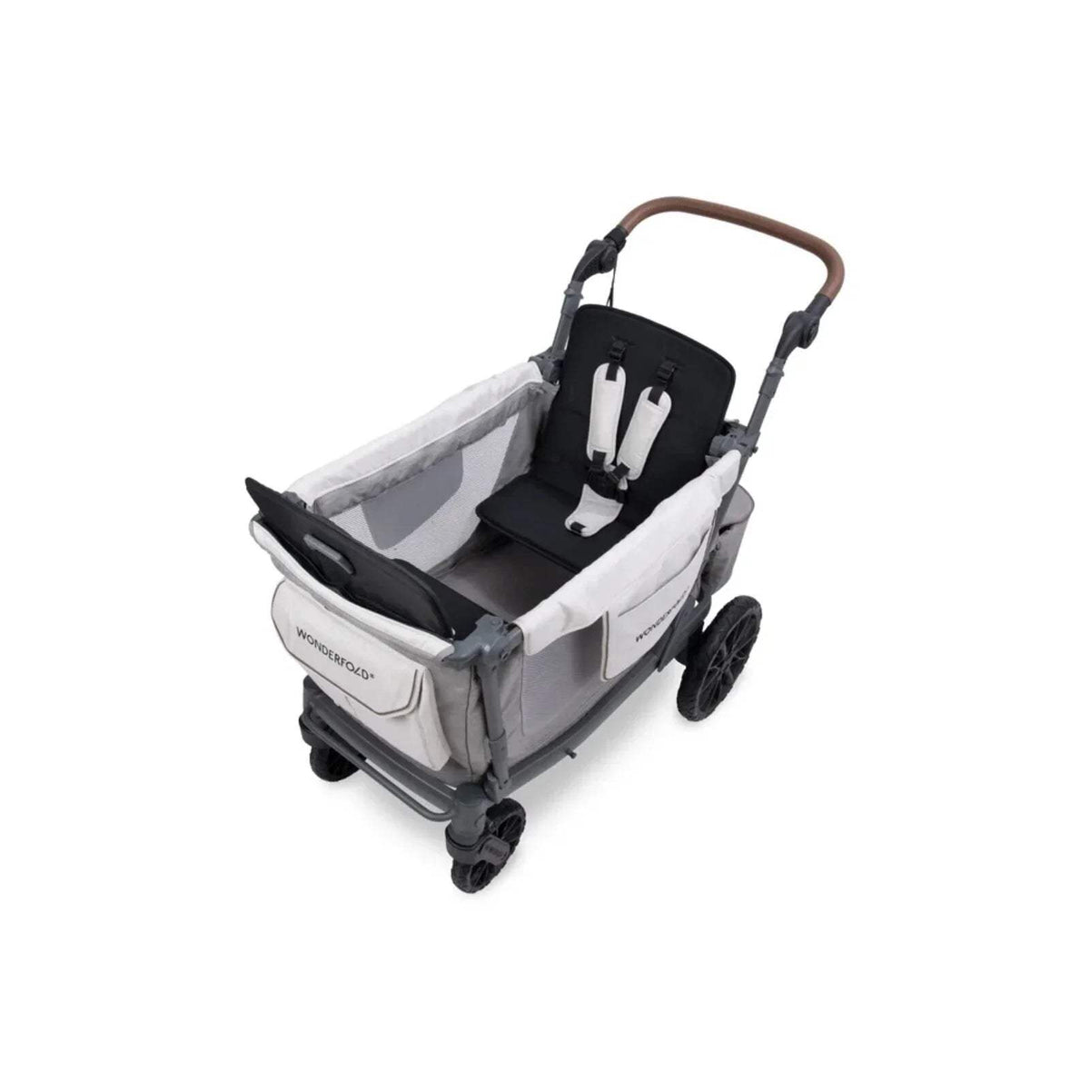 Grey stroller wagon with padded seat insert, dark harness, and brown handlebar.