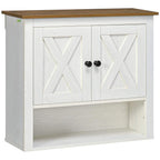 White wall-mounted bathroom storage cabinet with X-pattern double doors and black knobs