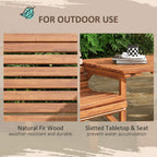 Tan brown wooden patio set with slatted tabletop and slatted seats