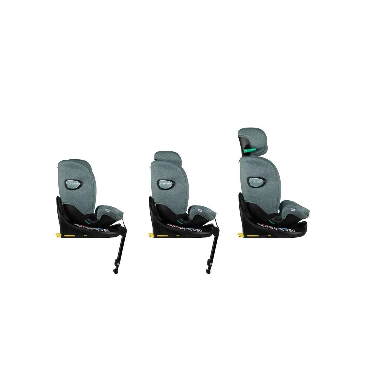 Teal infant car seat shown in three positions with patterned inner seat and headrest