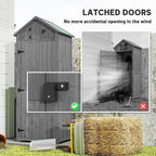 Grey wooden shed with latched double doors and lockable latch plate