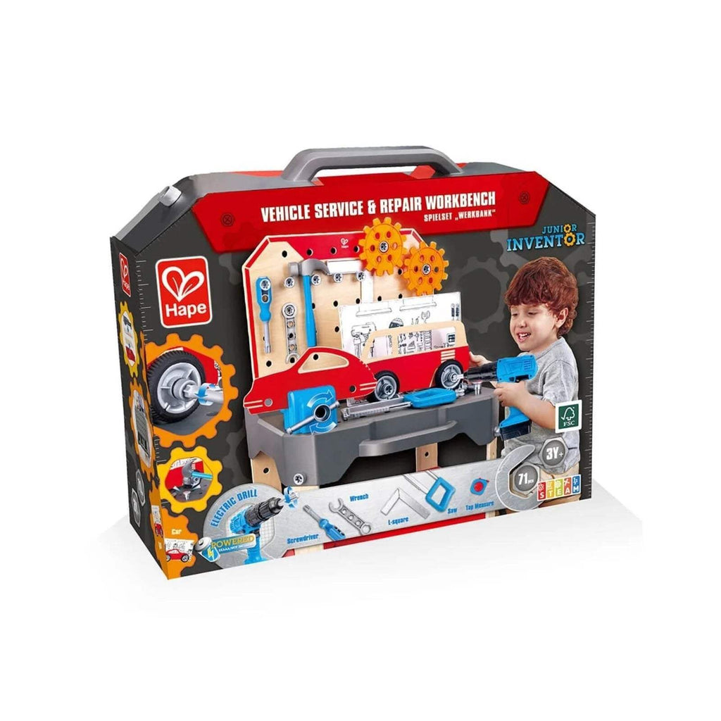 Hape vehicle service and repair workbench boxed set with toy car and tools