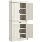 White tall kitchen cupboard with two swing doors, open shelves, and center drawer