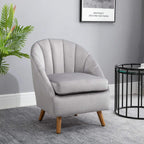 Grey upholstered single-seater armchair with curved back and thick cushioned seat