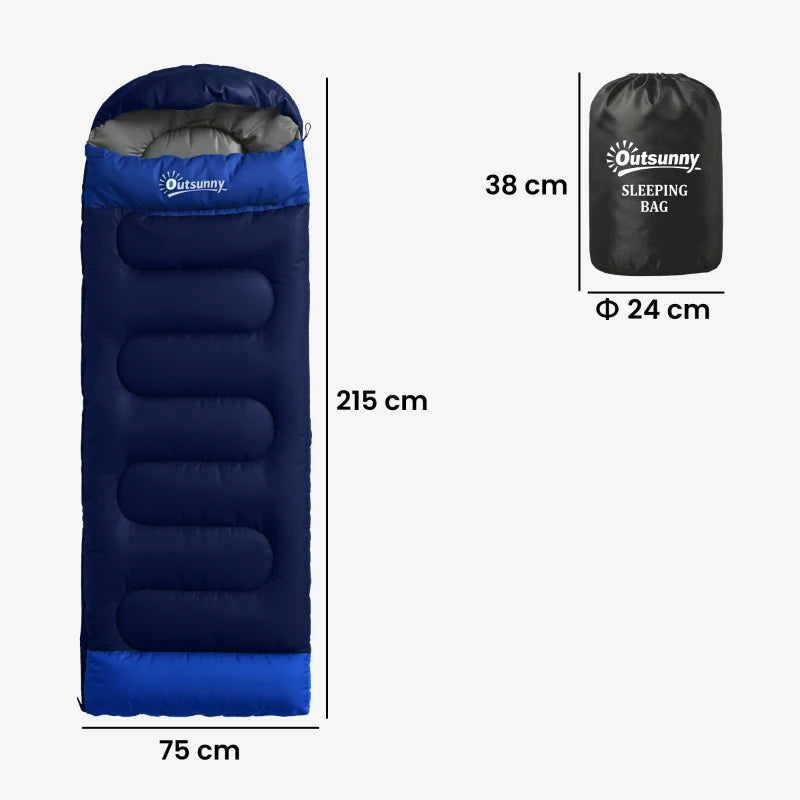 Navy blue adult sleeping bag with hood and quilted baffles, full-length view