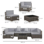 Rattan sofa set size diagram with grey cushions, four corner sofas, and coffee table.