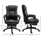 Black office chair with thick padding, armrests, and footrest on swivel base