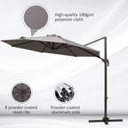 Grey cantilever parasol showing dark fabric canopy and powder-coated pole