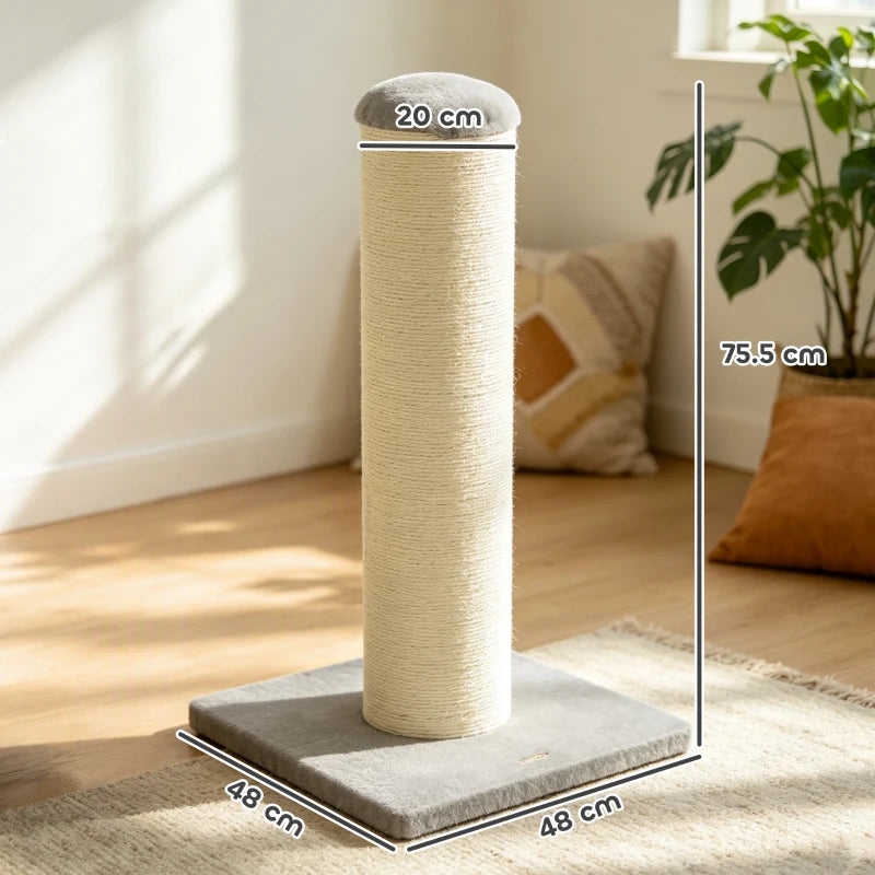 Light gray-topped cat scratching post with stable square gray base, full height