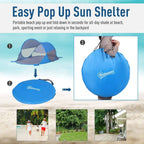 Blue pop-up sun shelter camping tent that folds into a carry bag