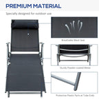 Outdoor folding chaise lounge chair with breathable black mesh seat and gray metal frame