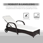 Dark brown rattan recliner sun lounger with white cushion and curved side handles