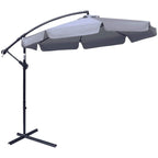 Dark grey cantilever banana patio umbrella with crank handle and cross base