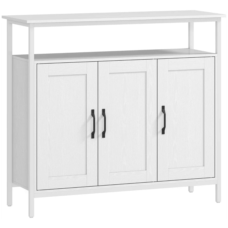White sideboard with open shelf and cabinet doors, black bar handles