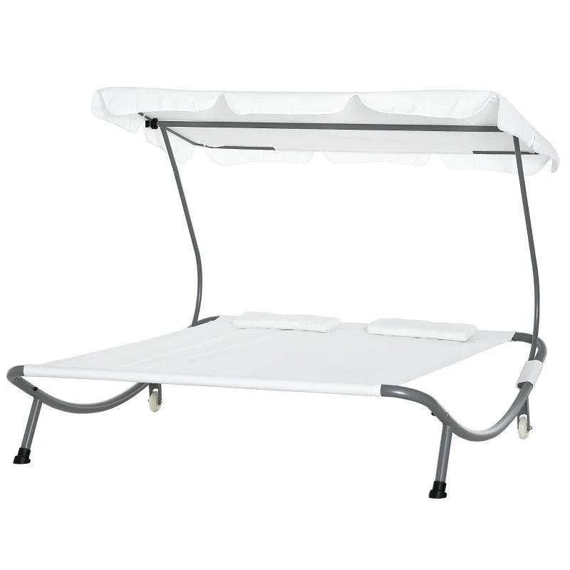 Double Sun Lounger with Adjustable Detachable Canopy, Portable Garden Daybed for 2 with Wheels, Outdoor Sunbed Hammock with 2 Pillows, 220 KG Max. Load, White