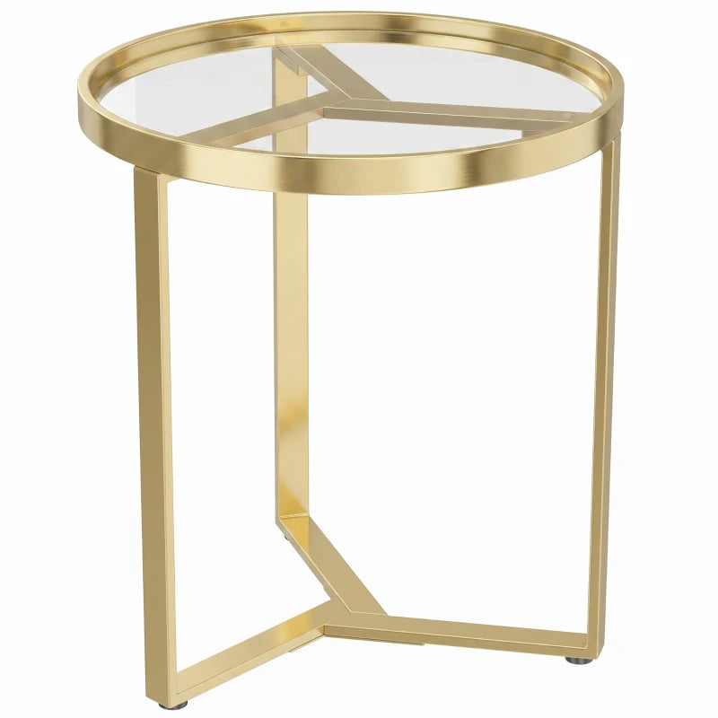 Gold round side table with tempered glass top and geometric metal frame