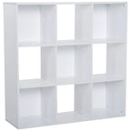 White 9-cube storage unit with open square shelves and partitioned compartments