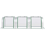 Clear PVC tunnel greenhouse with green steel frame, full-length arched sides and end bays