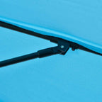 Blue umbrella canopy edge with black support bracket and mounting hardware