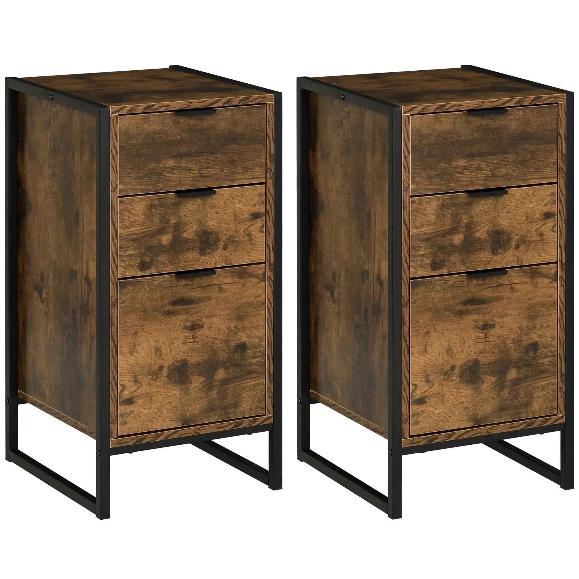 Bedroom Chest of Drawers Set of 2, Industrial 3-Drawer Dresser, Storage Drawers Unit with Metal Frame for Living Room, Rustic Brown - Bobobiy