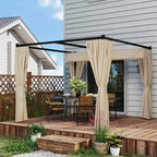 Beige outdoor pergola gazebo with retractable canopy and center-hung curtain panel