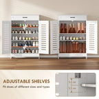White shoe cabinet open front view with shelves and louvered door panels