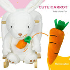 White rabbit-shaped rocking horse holding a removable carrot plush
