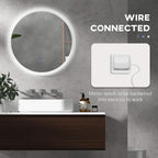 Round bathroom mirror with LED light ring and hardwired electrical connection shown